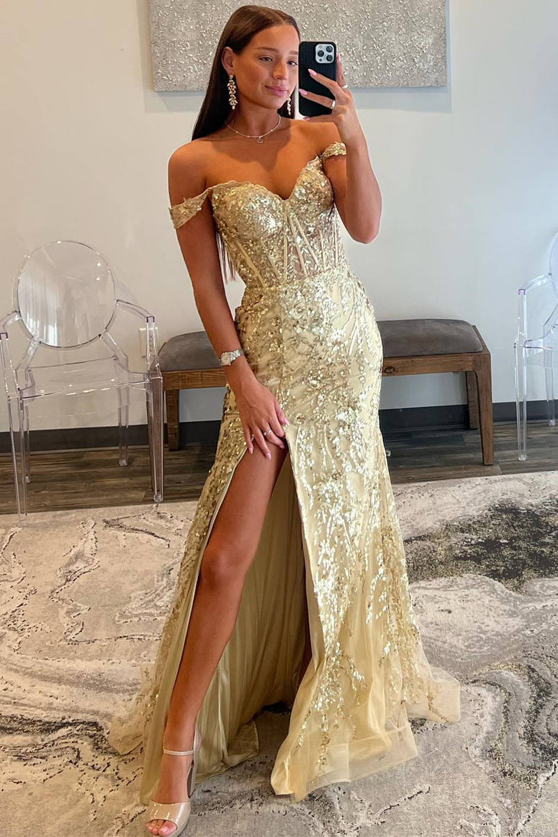 Off the Shoulder Gold Sequin Corset Mermaid Prom Dress with Slit