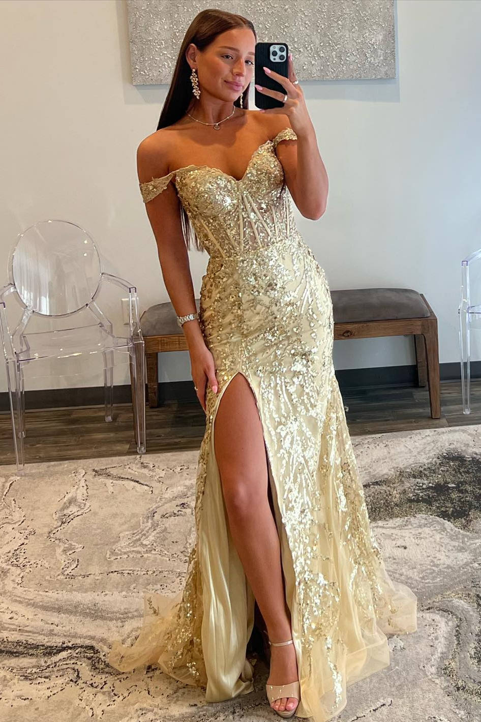 Off the Shoulder Gold Sequin Corset Mermaid Prom Dress with Slit FancyVestido Off the Shoulder Gold Sequin Corset Mermaid Prom Dress with Slit FancyVestido