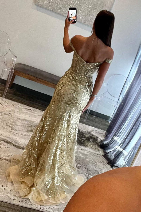 Off the Shoulder Gold Sequin Corset Mermaid Prom Dress with Slit