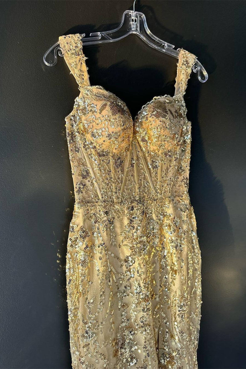 Off the Shoulder Gold Sequin Corset Mermaid Prom Dress with Slit