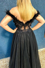 Off the Shoulder Black Feathers Long Prom Dress with Slit