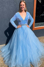 V-Neck Light Blue Sequin Long Sleeves A-Line Prom Dress