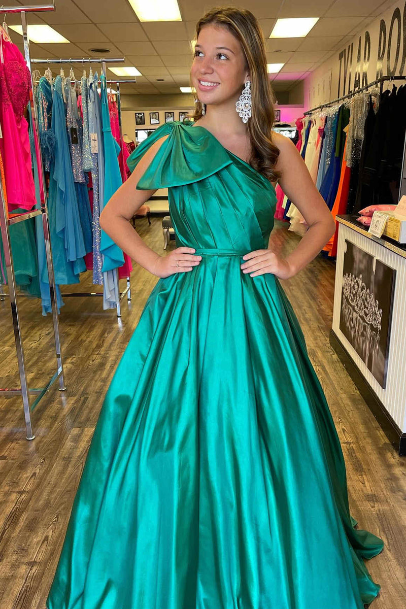 One Shoulder Bow Tie Emerald Green Long Prom Dress