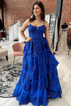 Royal Blue Straps Tiered A-Line Prom Dress with Sequins