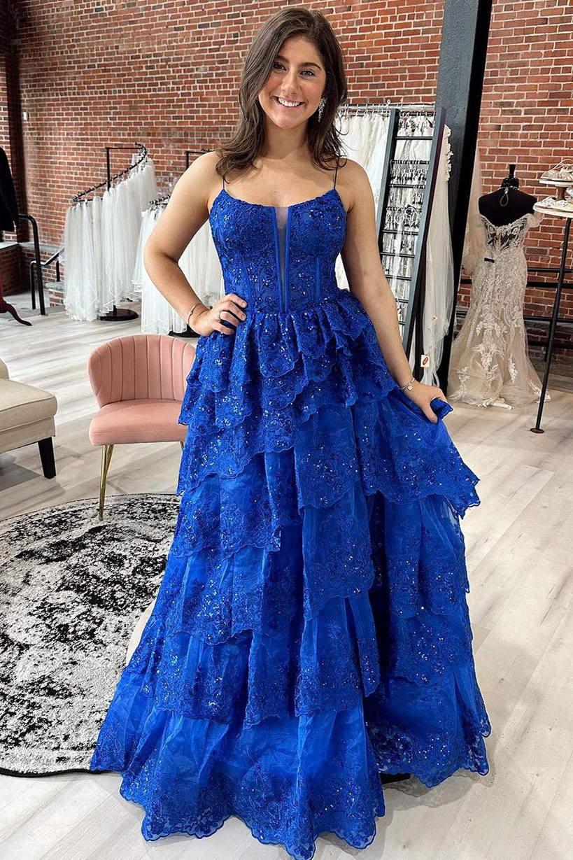 Royal Blue Straps Tiered A-Line Prom Dress with Sequins