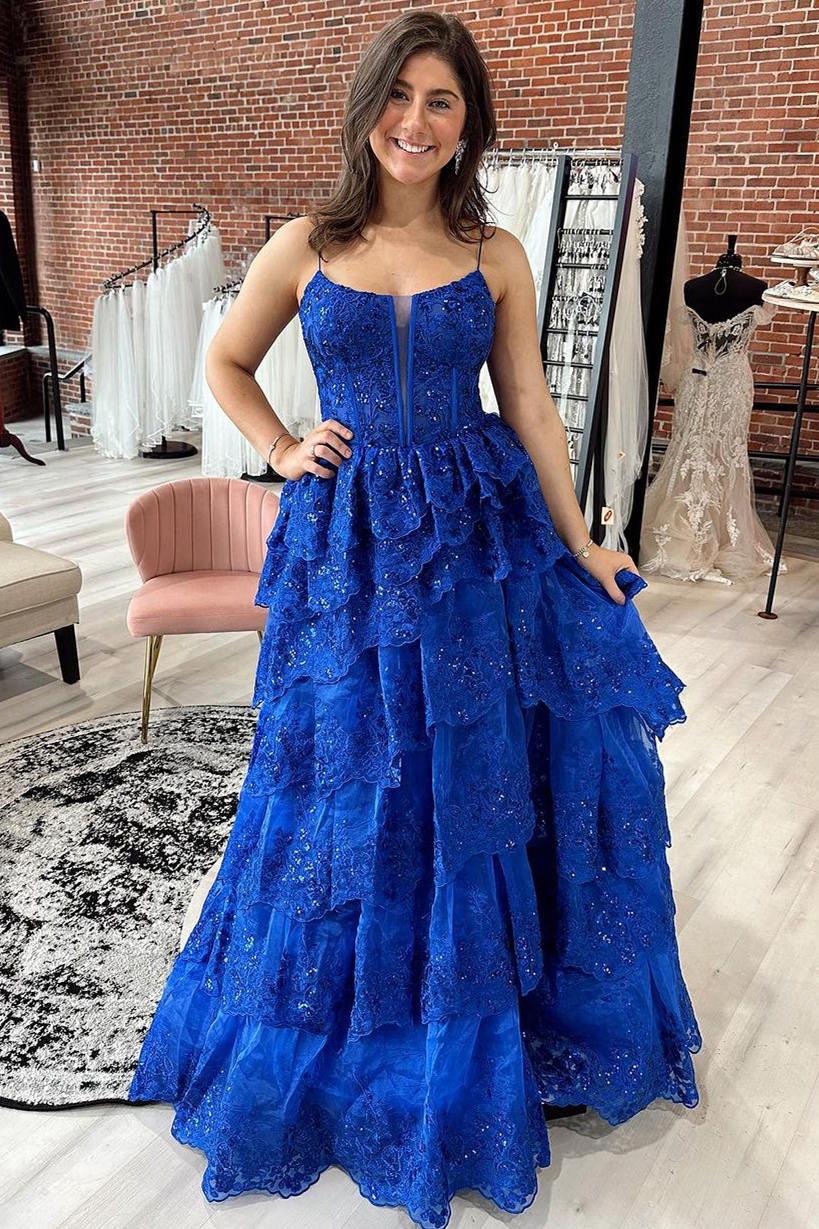 Royal Blue Straps Tiered A-Line Prom Dress with Sequins FancyVestido Royal Blue Straps Tiered A-Line Prom Dress with Sequins FancyVestido