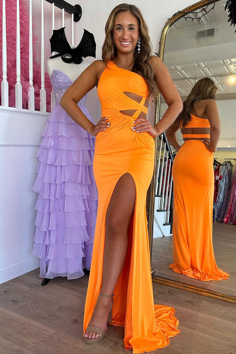 Orange One Shoulder Cut Out Waist Mermaid Prom Dress