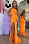 Orange One Shoulder Cut Out Waist Mermaid Prom Dress