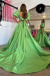 Two Piece Green Balloon Sleeves Long Prom Dress with Slit