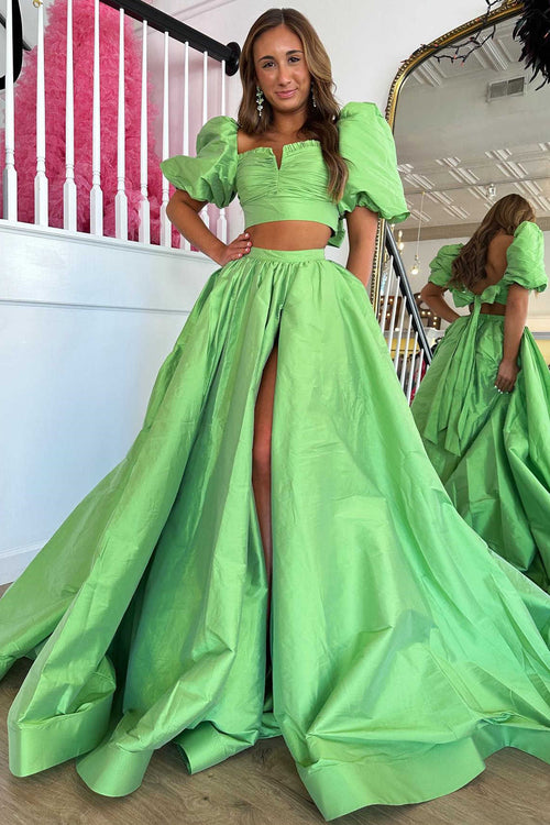 Two Piece Green Balloon Sleeves Long Prom Dress with Slit