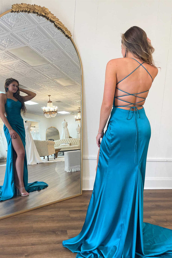 long dress teal Mermaid Backless Lace Prom Dress, Teal Lace Formal Dress, Me abcprom Great for any cup size Long teal halter dress