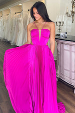 Fuchsia Straps Pleated A-Line Prom Dress