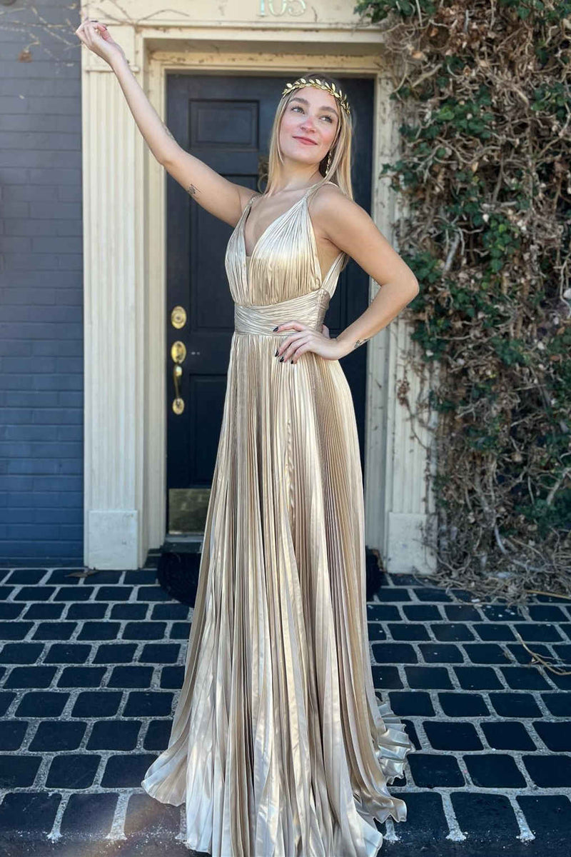 Plunging V-Neck Gold Pleated Long Prom Dress