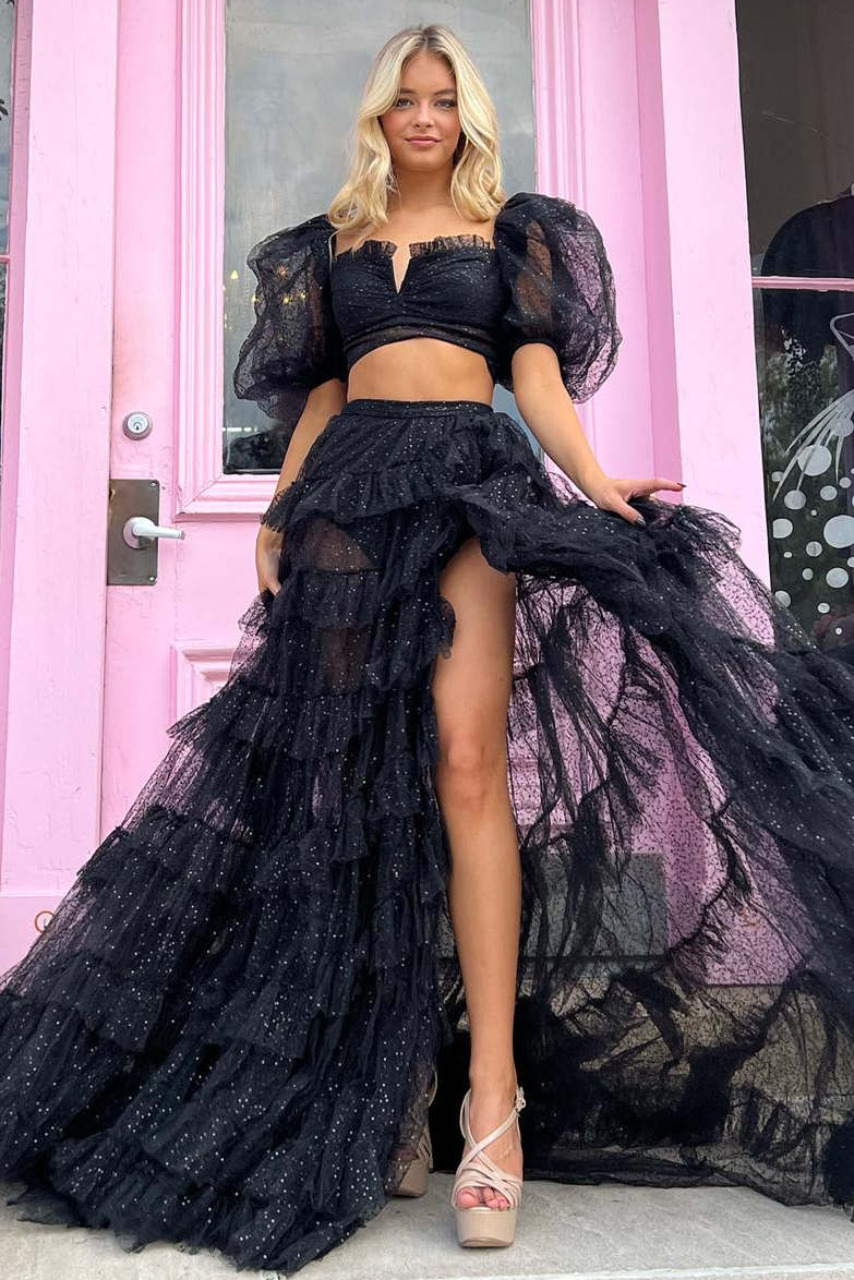 Two Piece Square Neck Black Balloon Sleeves Ruffle Prom Dress