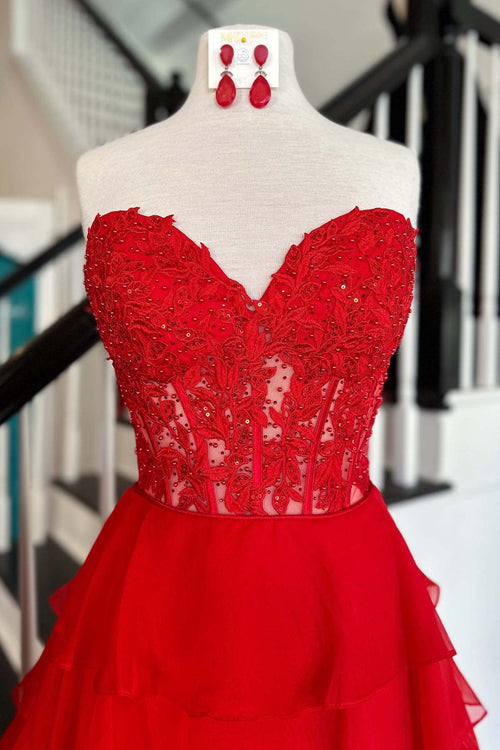 Sweetheart Red Corset Chiffon Ruffle Long Prom Dress