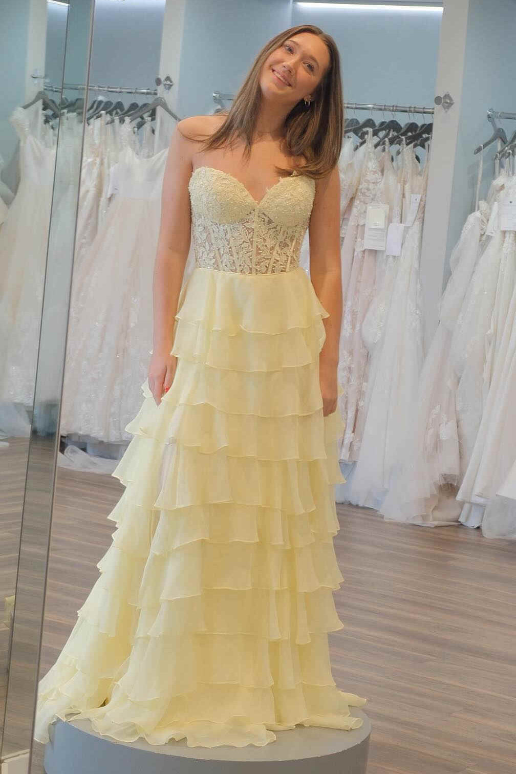 Sweetheart Lace Chiffon Corset Long Prom Dresses Ruffle main image 1
