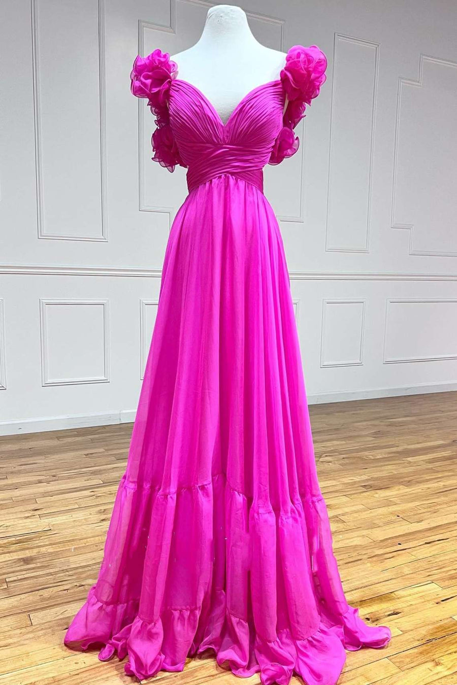 Lace-Up Fuchsia V-Neck Ruffle Pleated Long Prom Dress  FancyVestido