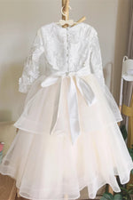 Crew Neck Champagne Long Sleeves Flower Girl Dress with Appliques