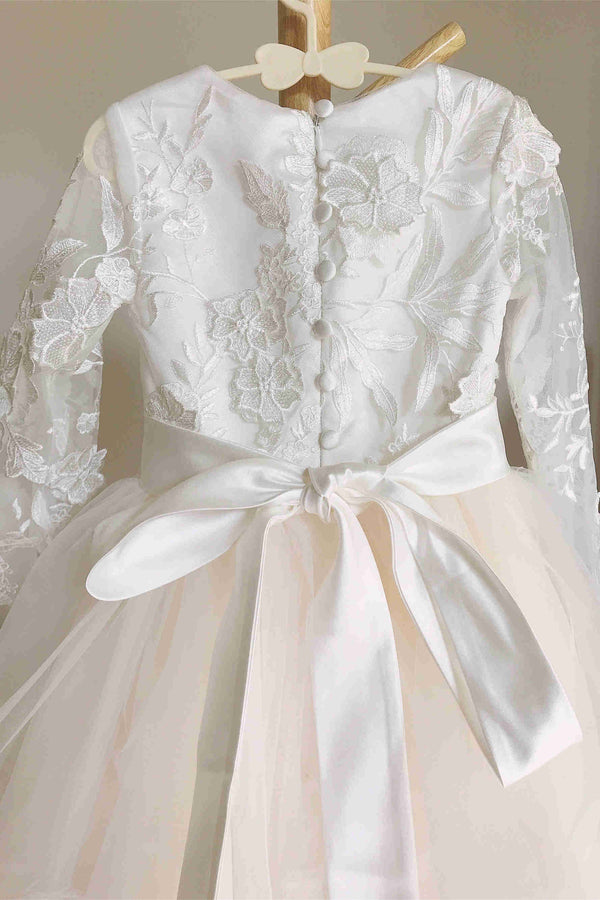 Crew Neck Champagne Long Sleeves Flower Girl Dress with Appliques