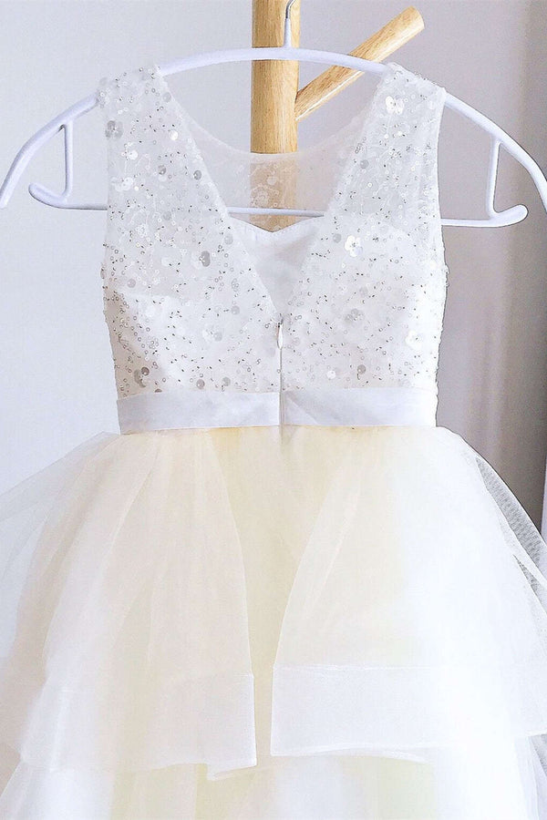 Crew Neck Champagne Sequin Tulle Flower Girl Dress