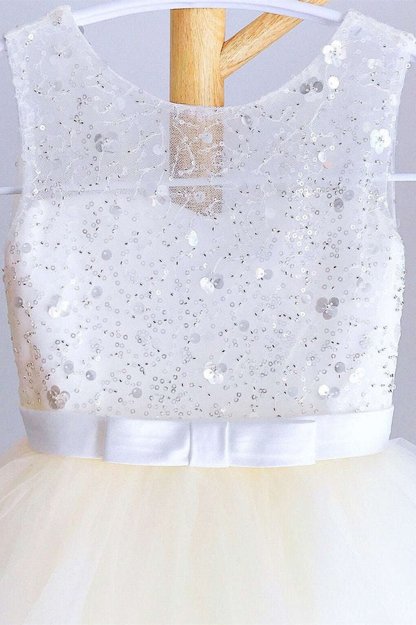 Crew Neck Champagne Sequin Tulle Flower Girl Dress