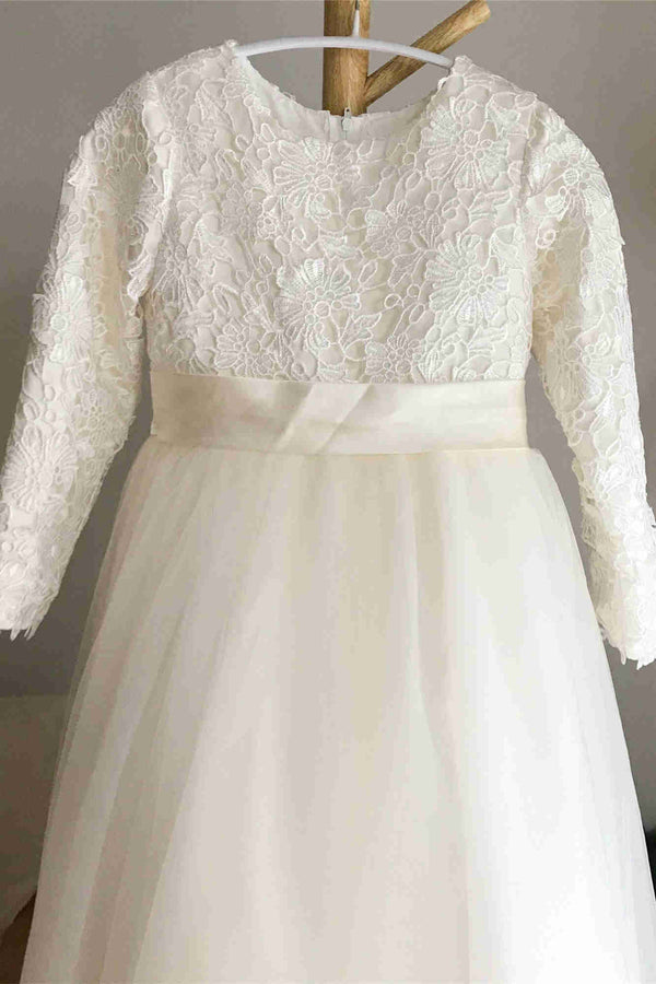 Champagne Crew Neck Lace Floor Length Flower Girl Dress with Long Sleeves
