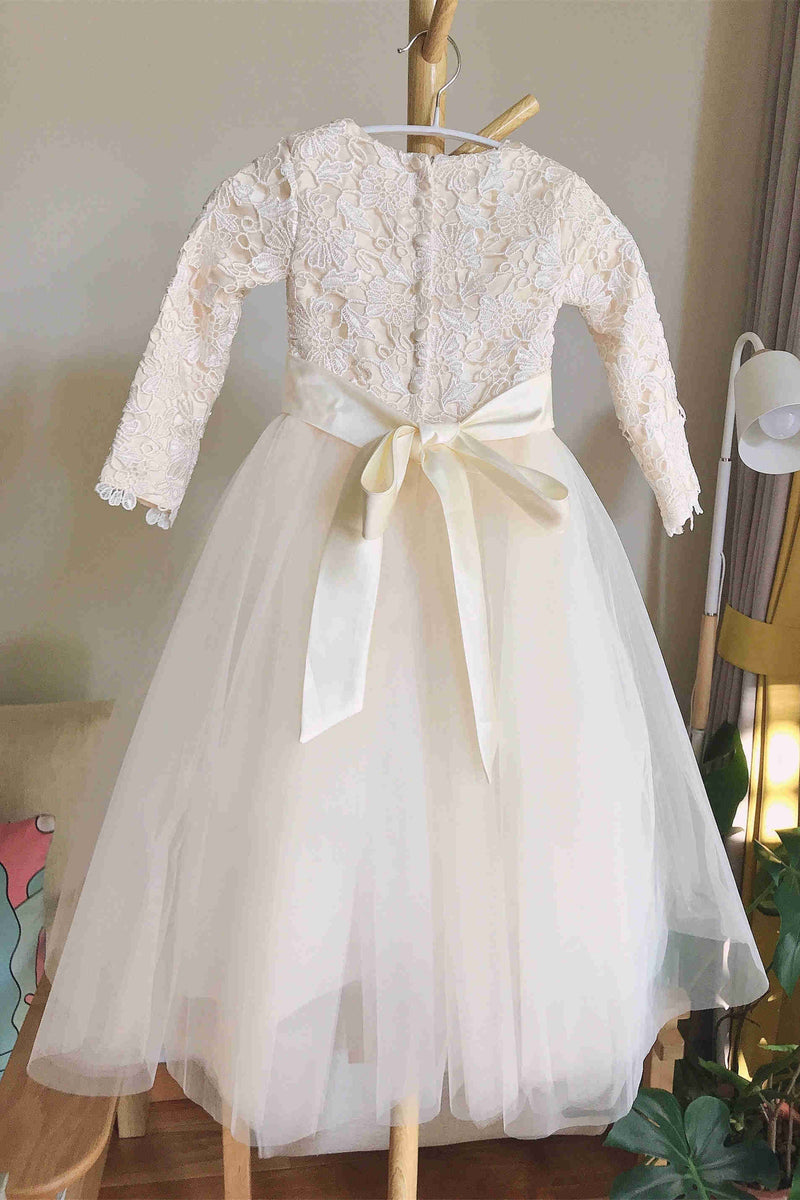Champagne Crew Neck Lace Floor Length Flower Girl Dress with Long Sleeves