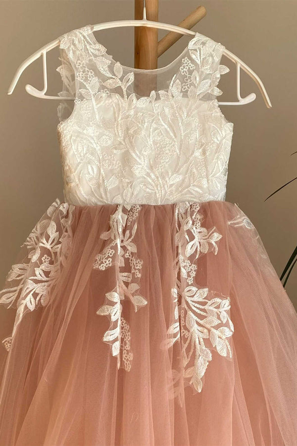 Crew Neck Dusty Rose Floor Length Flower Girl Dress with Appliques