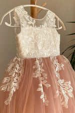 Crew Neck Dusty Rose Floor Length Flower Girl Dress with Appliques