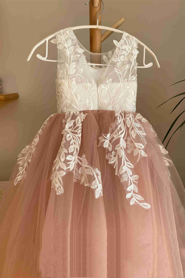 Crew Neck Dusty Rose Floor Length Flower Girl Dress with Appliques