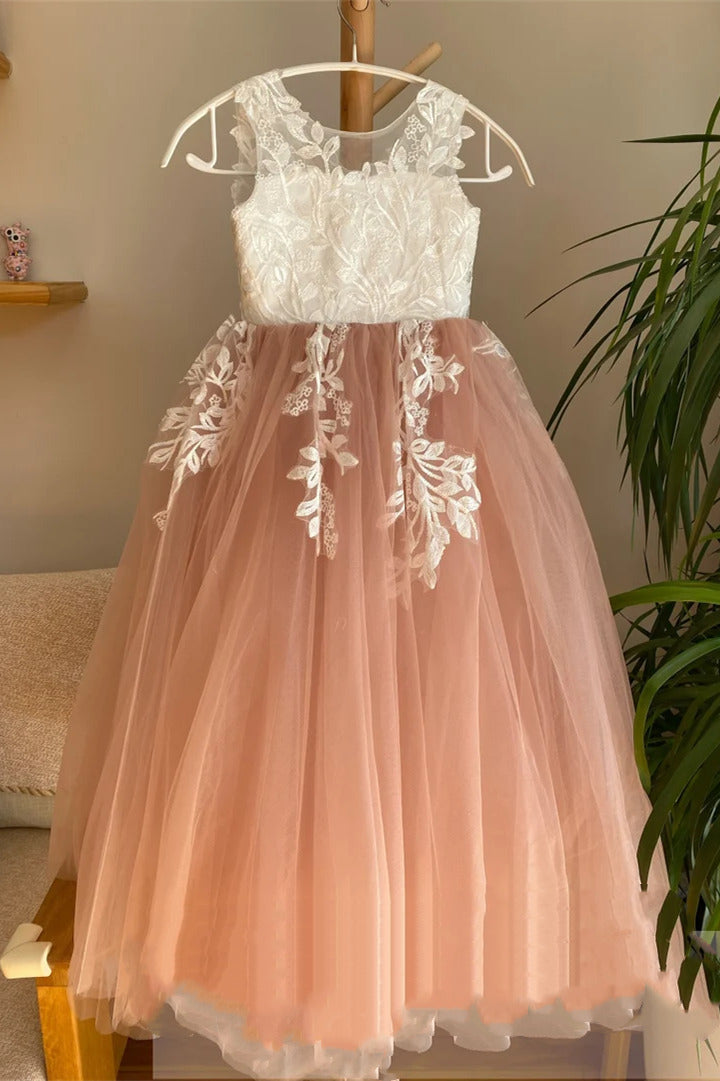 Crew Neck Dusty Rose Floor Length Flower Girl Dress with Appliques –  FancyVestido