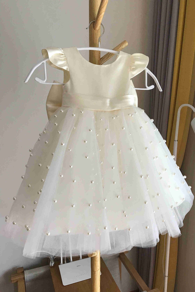 Ivory Flying Sleeves Flower Girl Dress with Pearls