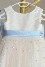 Crew Neck White Pearls Flower Gilr Dress with Blue Bow