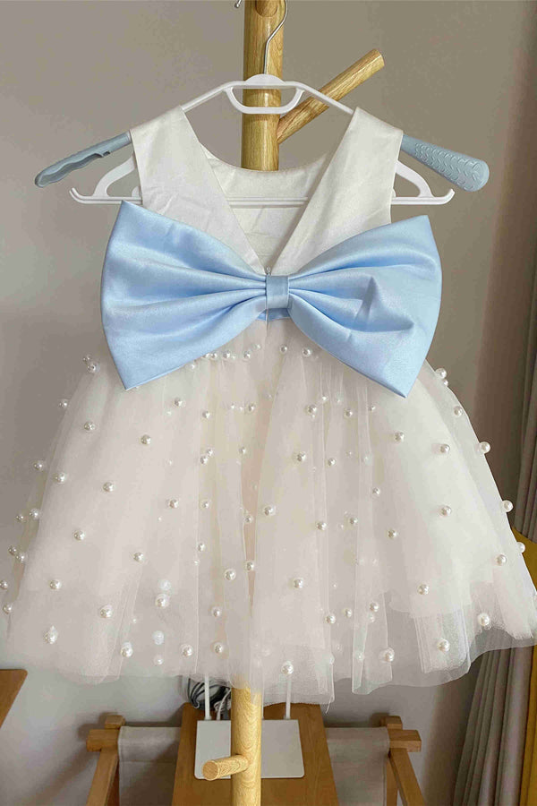 Crew Neck White Pearls Flower Gilr Dress with Blue Bow