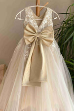 V-Neck Lace Appliques Tulle Flower Girl Dress with Sash
