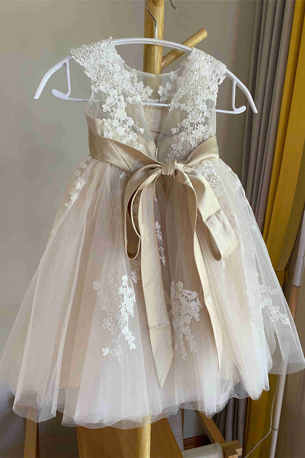 V-Back Crew Neck Lace Tulle Flower Girl Dress with Sash
