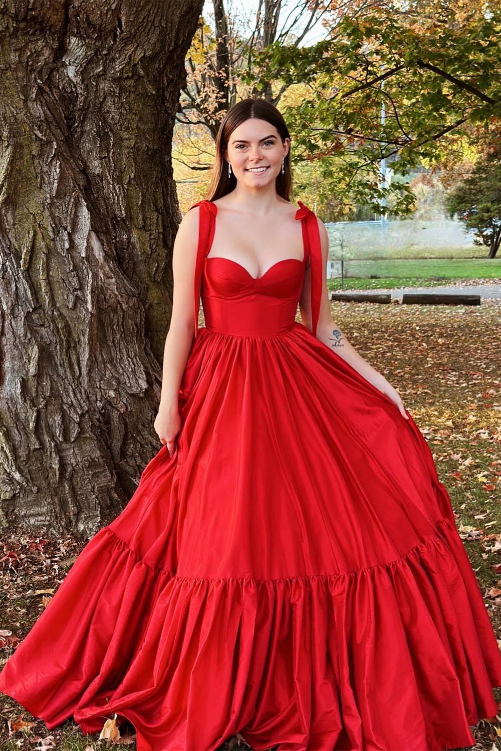 Tie Straps Red Corset A-Line Long Prom Dress