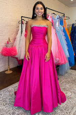 Strapless Fuchsia Beaded A-Line Long Prom Dresss