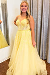 Straps Yellow Appliques A-Line Long Formal Dress