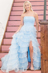 Light Blue Strapless Layered Tulle Prom Dress with Sequins