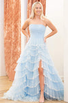 Light Blue Strapless Layered Tulle Prom Dress with Sequins