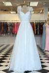 White Ruffled Straps V-Neck Pleated Long Prom Dress