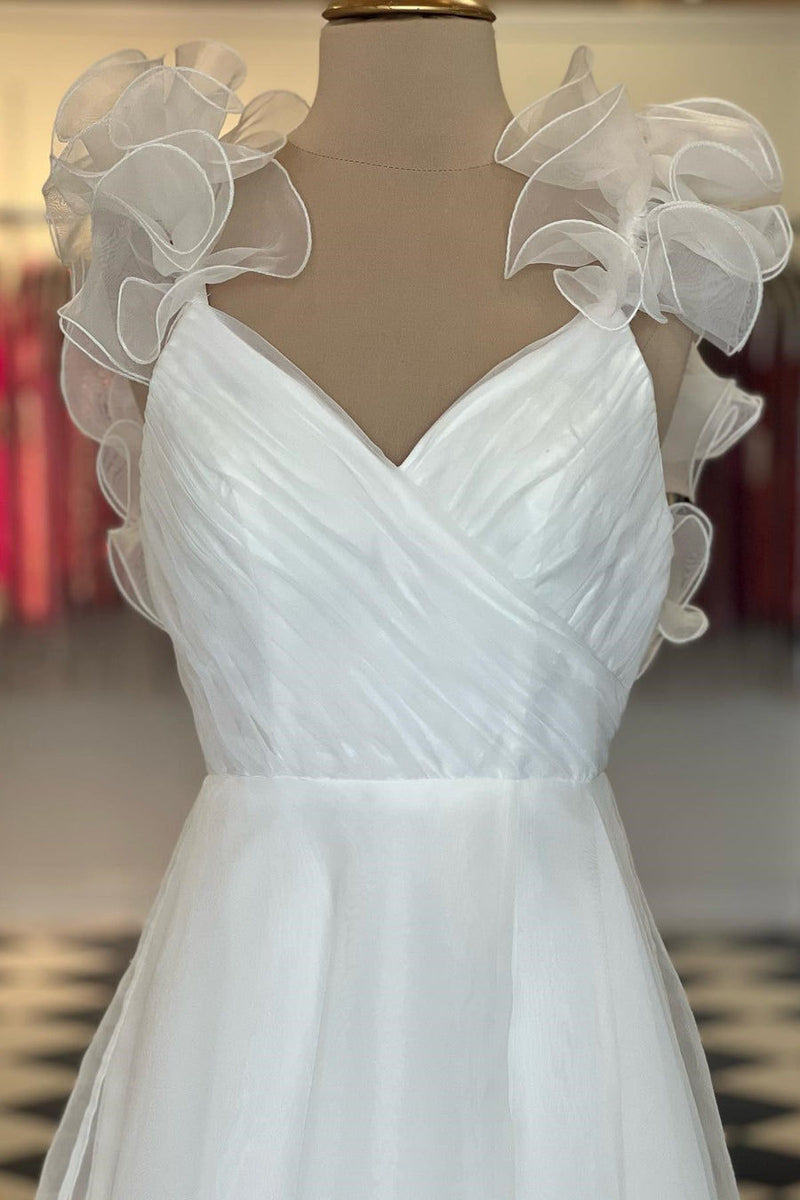 White Ruffled Straps V-Neck Pleated Long Prom Dress