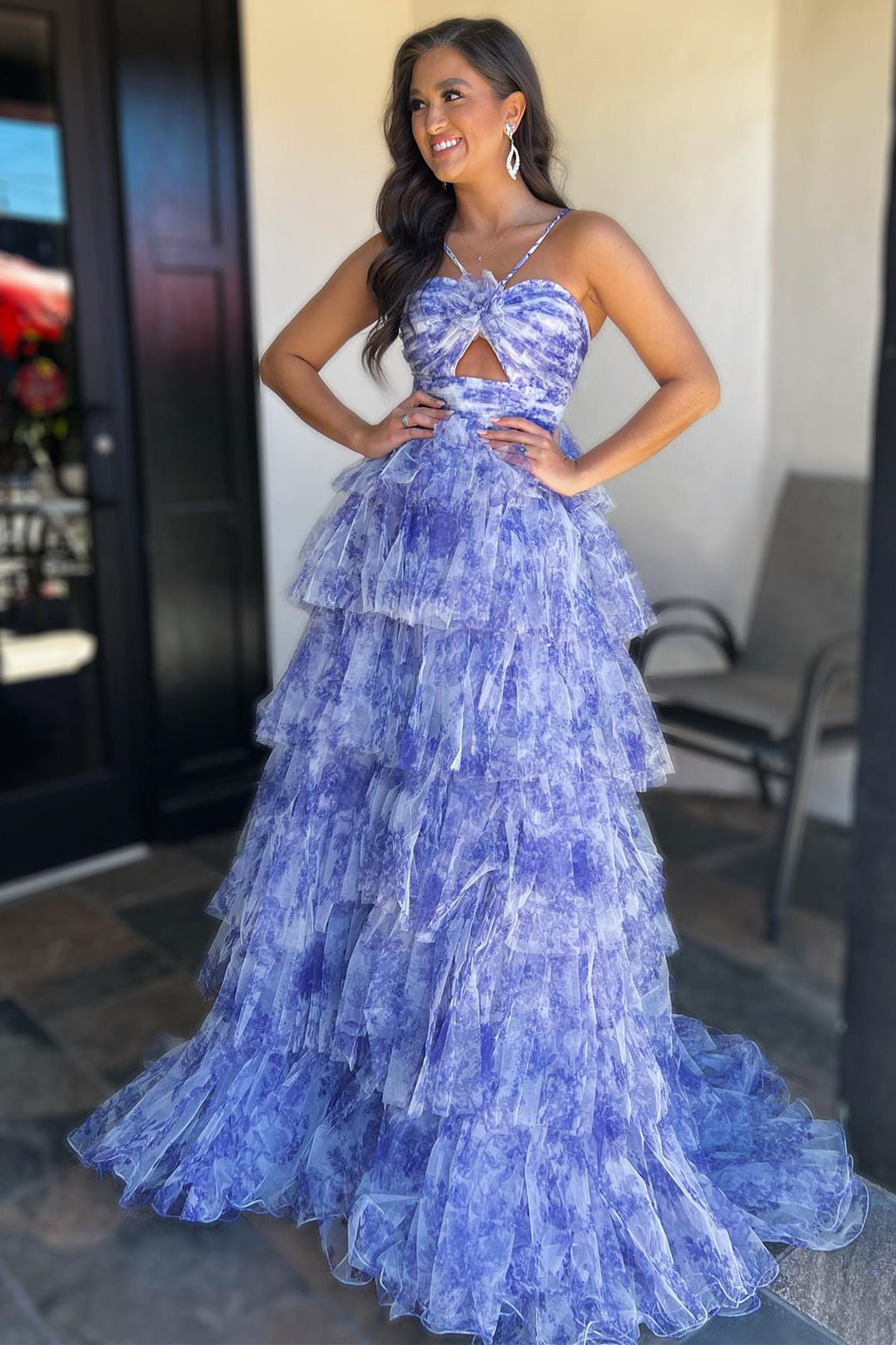 Strapls Blue Floral Print Keyhole Ruffle A-line Long Prom Dress