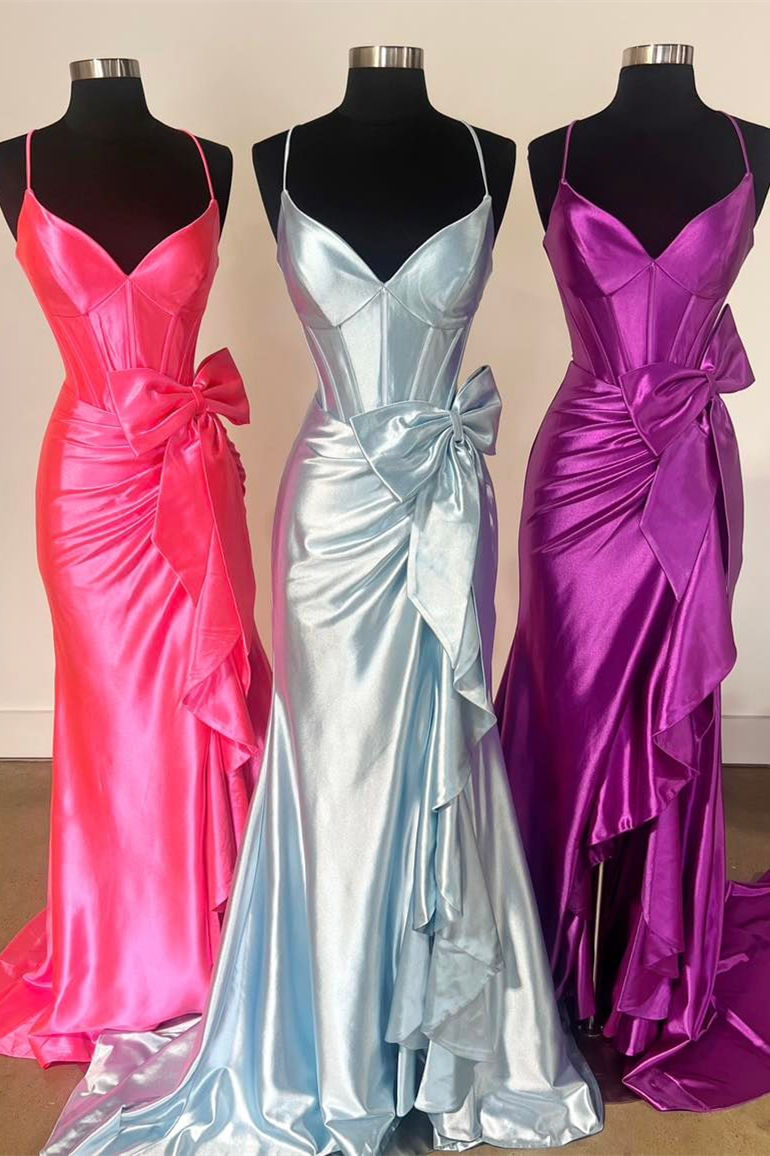 Straps V-Neck Satin Mermaid Prom Dress with Bow  FancyVestido