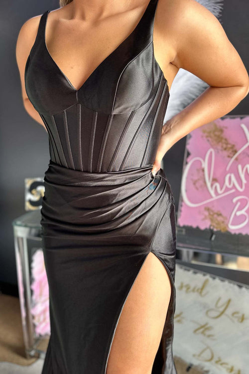 V-Neck Black Satin Ruched Mermaid Prom Dress