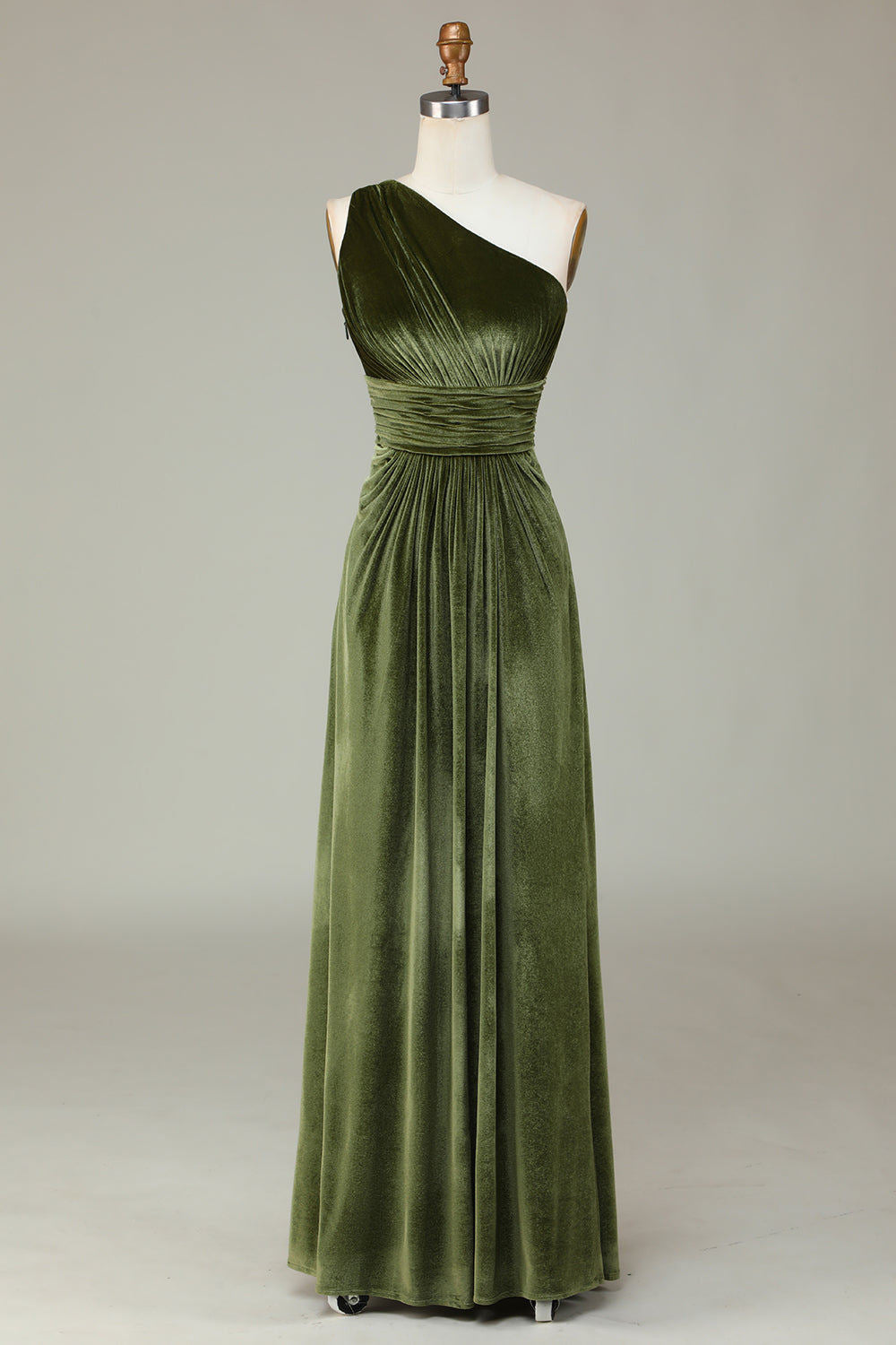 One Shoulder Olive Green Pleated Velvet Bridesmaid Dress – FancyVestido