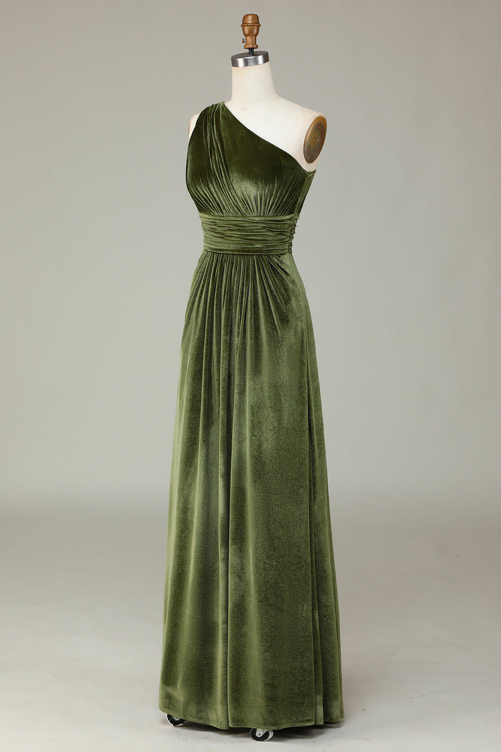 One Shoulder Olive Green Pleated Velvet Bridesmaid Dress FancyVestido One Shoulder Olive Green Pleated Velvet Bridesmaid Dress FancyVestido