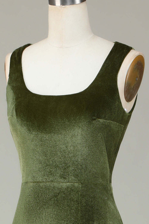 Square Neck Olive Green Velvet Slit Long Bridesmaid Dress