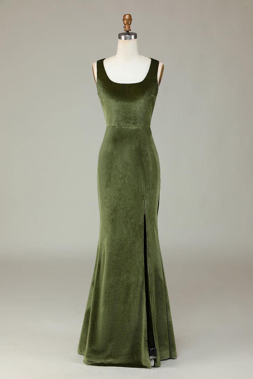 Square Neck Olive Green Velvet Slit Long Bridesmaid Dress